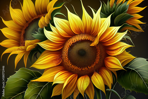 Awesome Sunflowers are characterized by the turn of the inflorescences to turn in the direction of the sun. Generative Ai