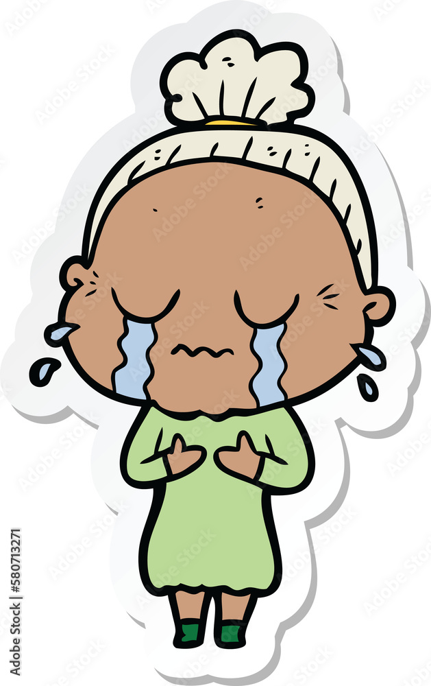 sticker of a cartoon crying old lady sticker of a cartoon crying old lady