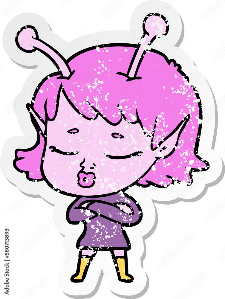 distressed sticker of a cute alien girl cartoon distressed sticker of a cute alien girl cartoon