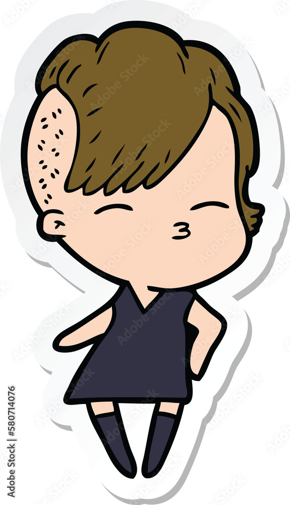 sticker of a cartoon squinting girl in dress sticker of a cartoon squinting girl in dress