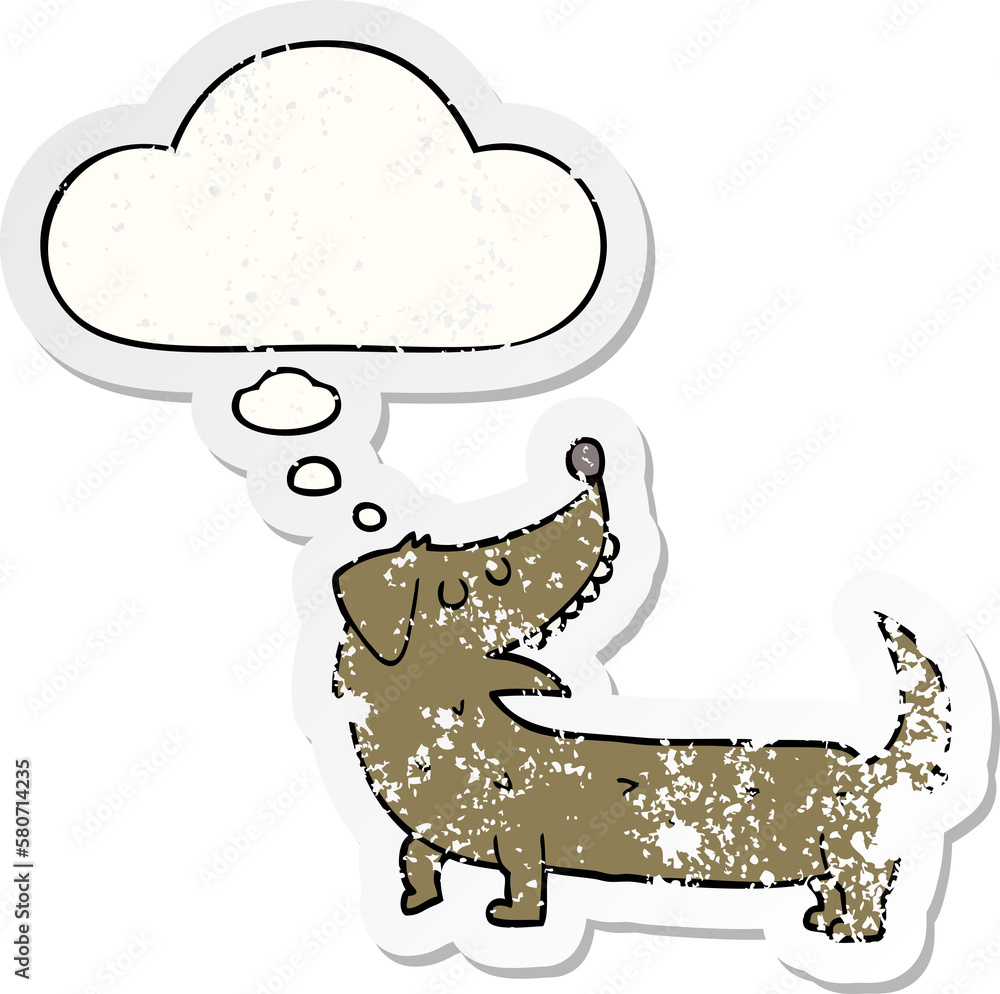 Fototapeta premium cartoon dog and thought bubble as a distressed worn sticker