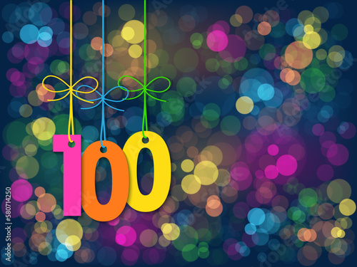 No 100 suspended by string on background of colorful bokeh lights