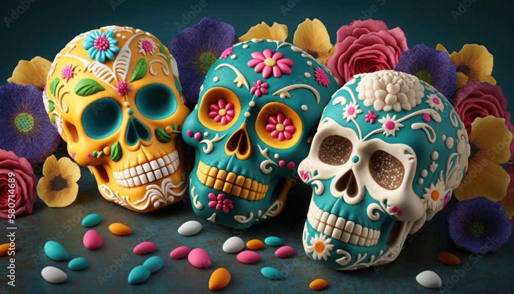 Cinco de Mayo, Pumpkins with painted skulls and flowers, generative ai Cinco de Mayo, Pumpkins with painted skulls and flowers, generative ai