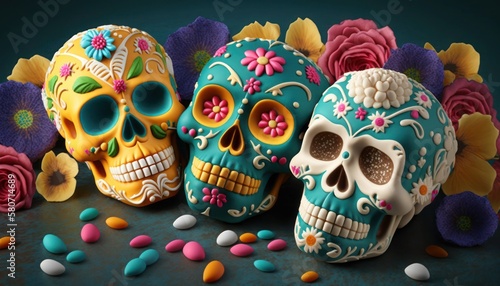 Cinco de Mayo, Pumpkins with painted skulls and flowers, generative ai