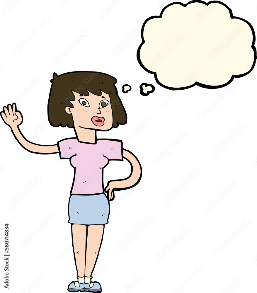 cartoon woman waving with thought bubble cartoon woman waving with thought bubble