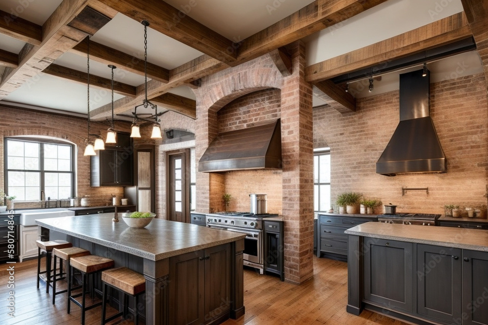 Kitchen with rustic feel with exposed brick walls and wooden beams. The appliances are all stainless steel and there is a large island in the center of the room. Generative AI technology