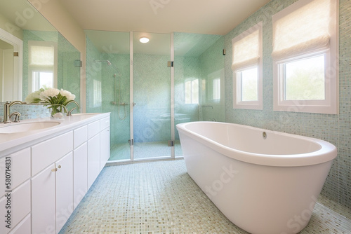 Bathroom is spa-like with big tub and glass-enclosed shower. Beautiful mosaic pattern  large window  complementing colors. Generative AI technology