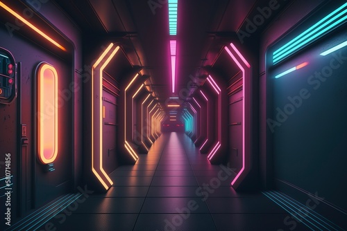 The empty neon tunnel of the futuristic sci-fi network.AI technology generated image