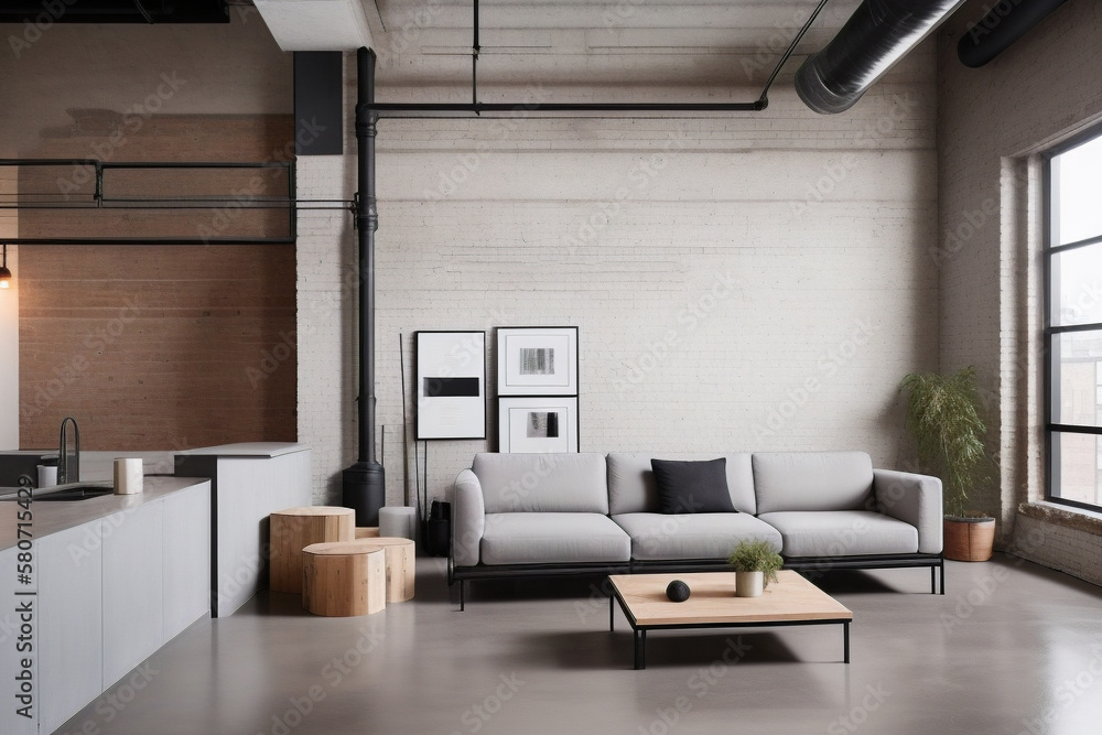 Loft apartment in gray colors, is modern and industrial style with gray sofa and concrete floors. Furniture is minimalist in neutral colors. AI technology. Loft apartment in gray colors, is modern and industrial style with gray sofa and concrete floors. Furniture is minimalist in neutral colors. AI technology.