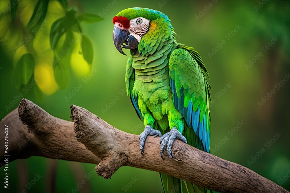Fototapeta premium Green parrot Great Green Macaw, Ara ambigua. In Costa Rica, a rare and wild bird is sitting on a branch in the wild. Generative AI