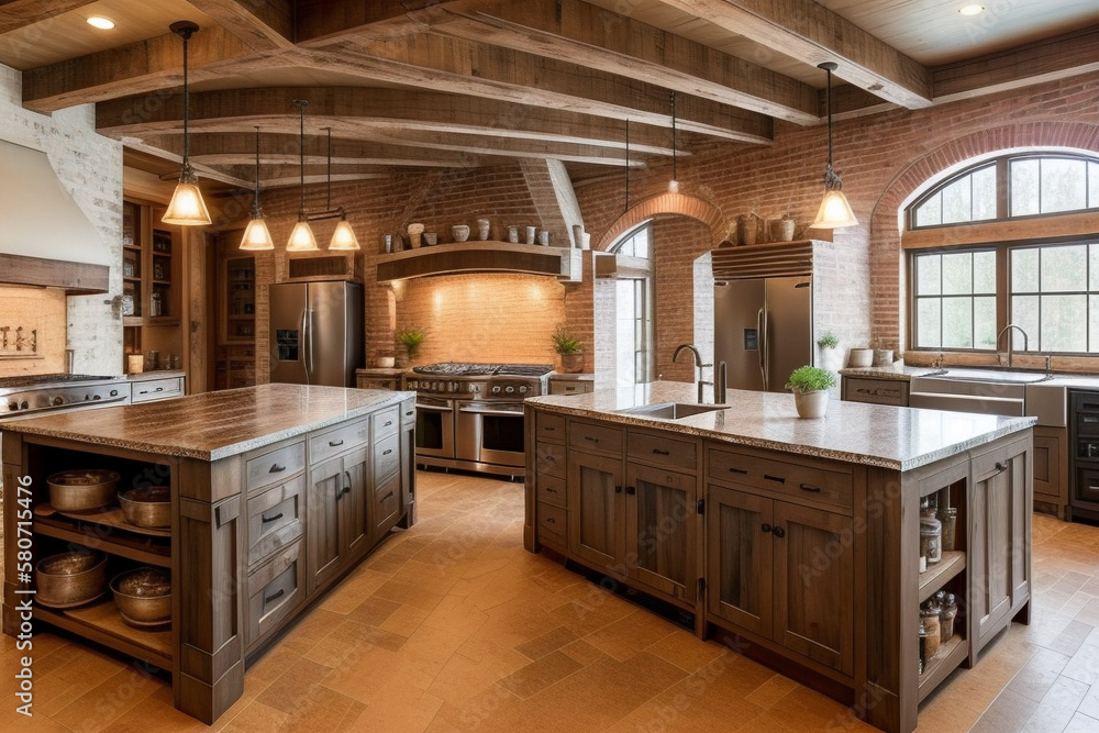 Big kitchen with two center island, exposed brick walls and wooden beams. Many lamps and wooden cabinets and a stove top oven. Generative AI technology Big kitchen with two center island, exposed brick walls and wooden beams. Many lamps and wooden cabinets and a stove top oven. Generative AI technology