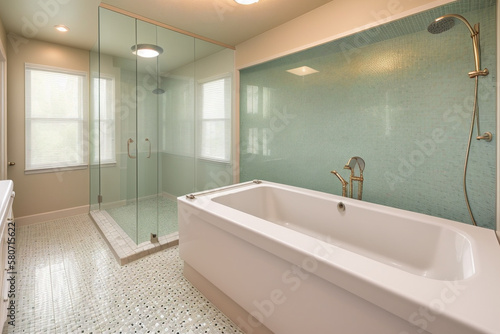 Large bathroom  with big tub and glass-enclosed shower. Walls are tiled in sea mosaic pattern.  Window in bathroom   complementing colors. Generative AI technology