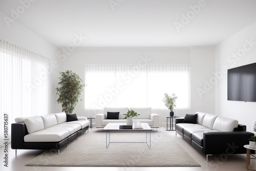 Big living room with modern minimalist design , three black and white couches, two large windows, white walls and TV on wall. Generative AI technology