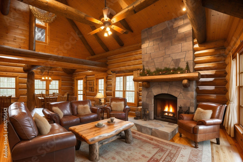 Living room of a large log wooden house in brown tones with a fireplace lined with natural stone, soft leather sofas and a wooden table in the center. Generative AI technology.