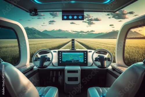 Cab of driverless vehicle. AI technology generated image