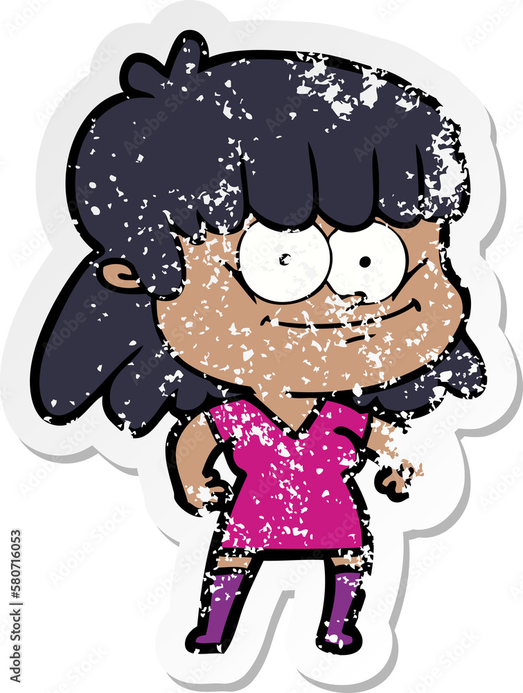 distressed sticker of a cartoon girl smiling distressed sticker of a cartoon girl smiling