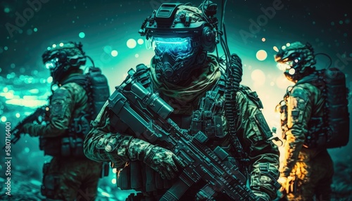 Soldiers in high-tech military uniforms holding guns. Generative AI.