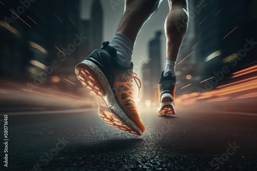 Close-up of a man's feet running on the street at night. Generative 
