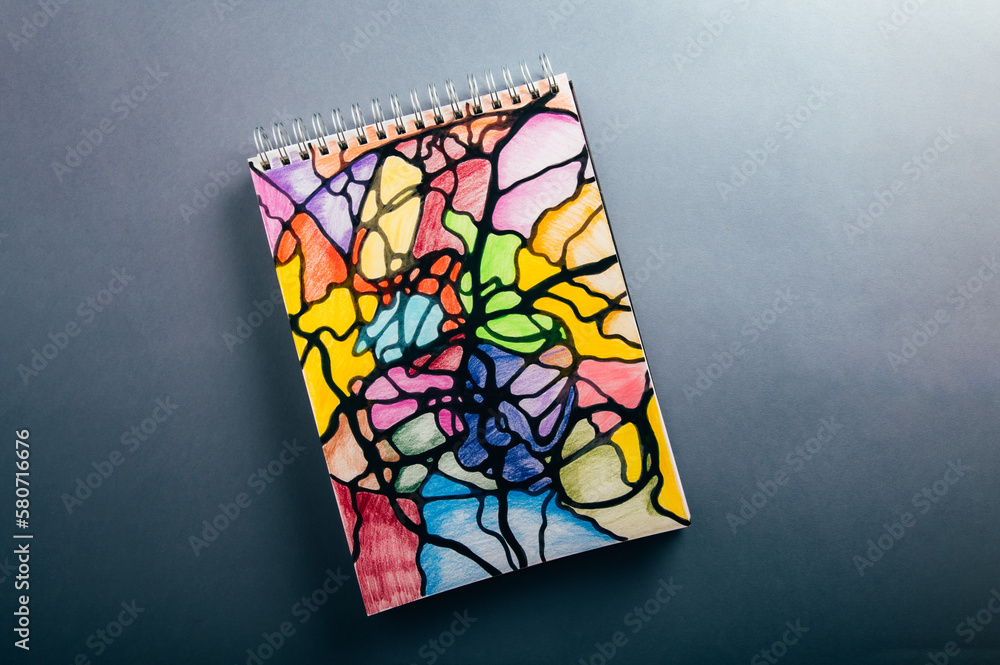 Colorful neurographic drawing on paper with color pencils and markers