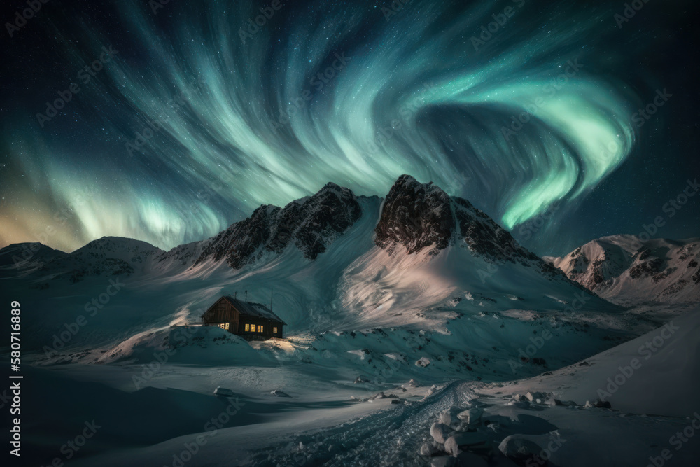 A hut at snow mountain on aurora and star sky abstract background. Generative ai