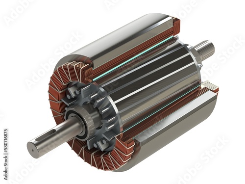 Electric motor stator and rotor part section view, isolated on white background