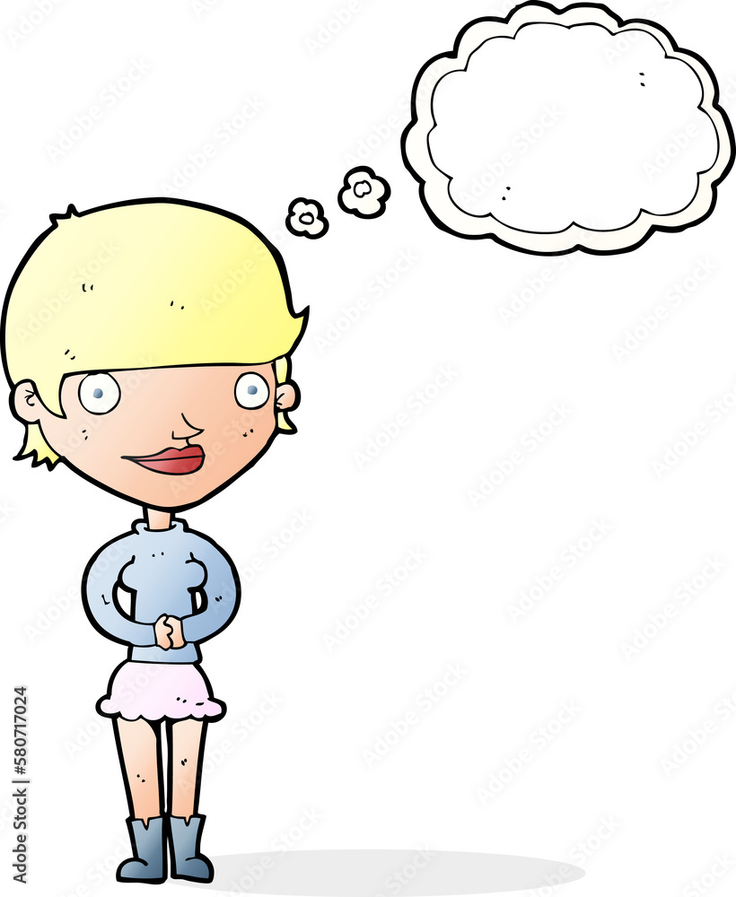 cartoon friendly woman with thought bubble cartoon friendly woman with thought bubble