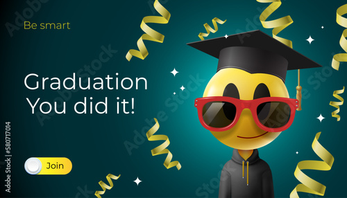 Graduation cartoon emoji wearing sunglasses and a graduation cap with party serpentine