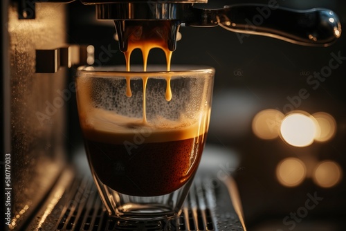Close-up of espresso poured from coffee machine.AI technology generated image