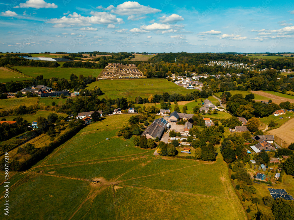 Aerial drone view of the beautiful landscape in a rural areas in Limburg, the Netherlands.
