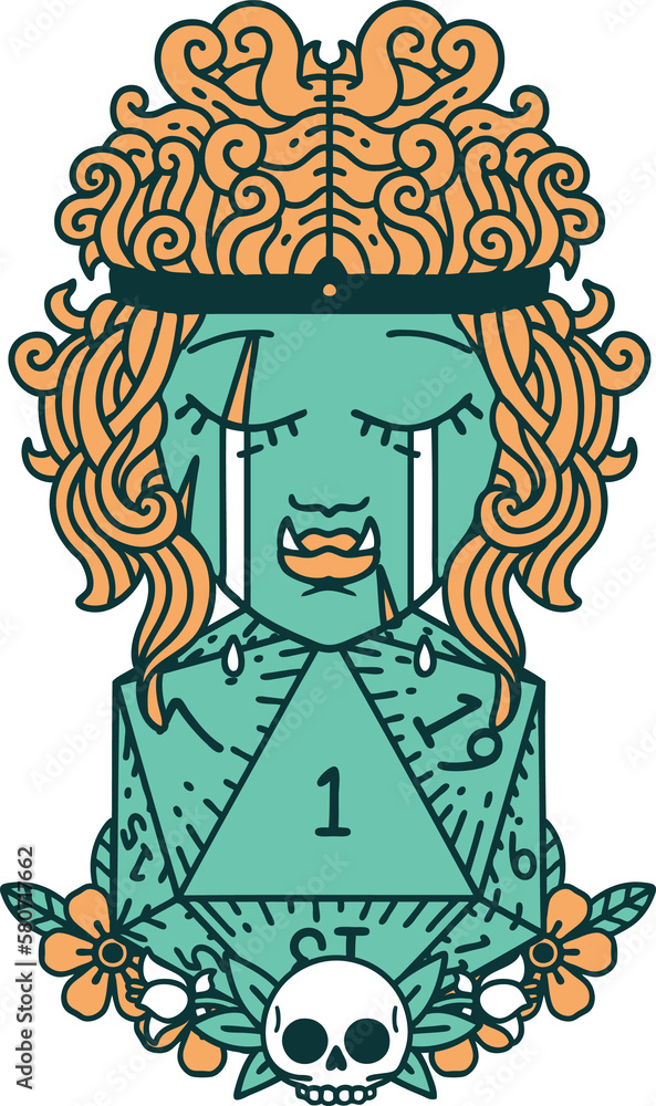 sad orc barbarian character face with natural one d20 roll illustration sad orc barbarian character face with natural one d20 roll illustration