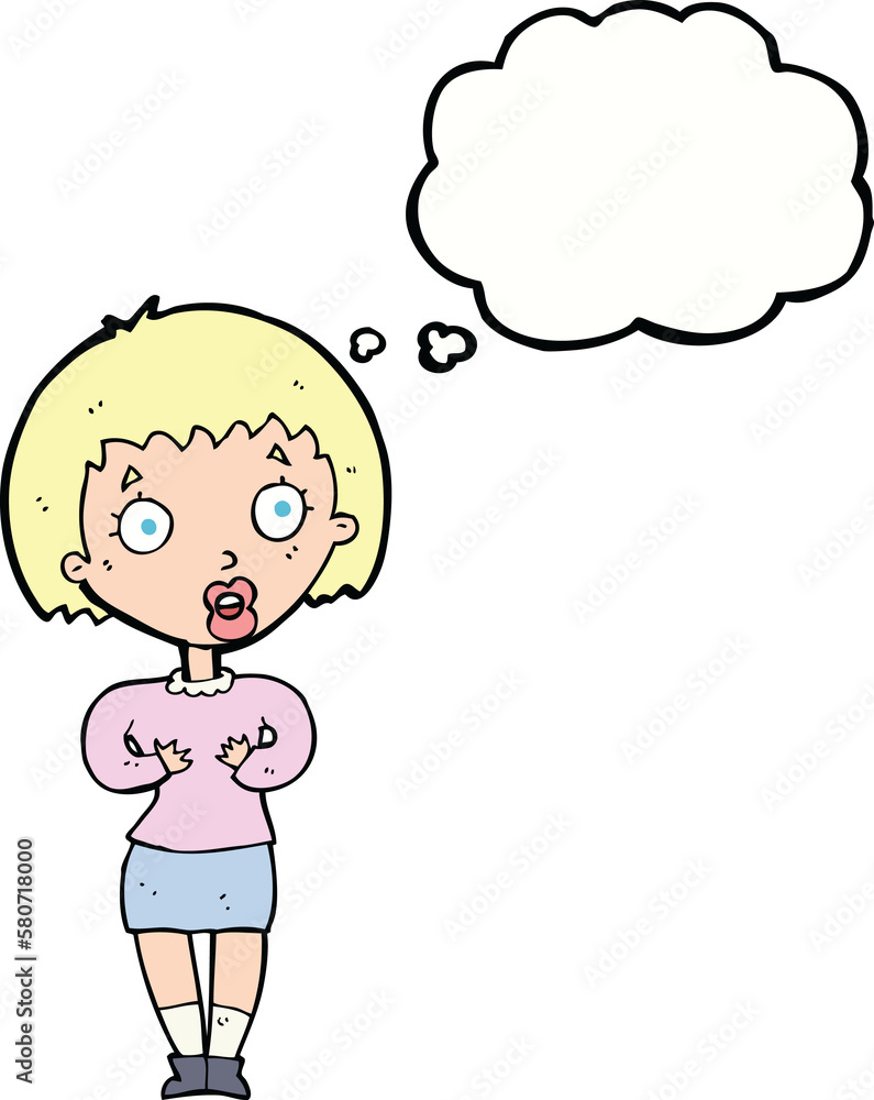 cartoon woman making Who Me? gesture with thought bubble cartoon woman making Who Me? gesture with thought bubble