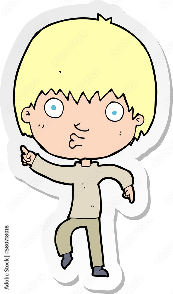 sticker of a cartoon impressed boy pointing