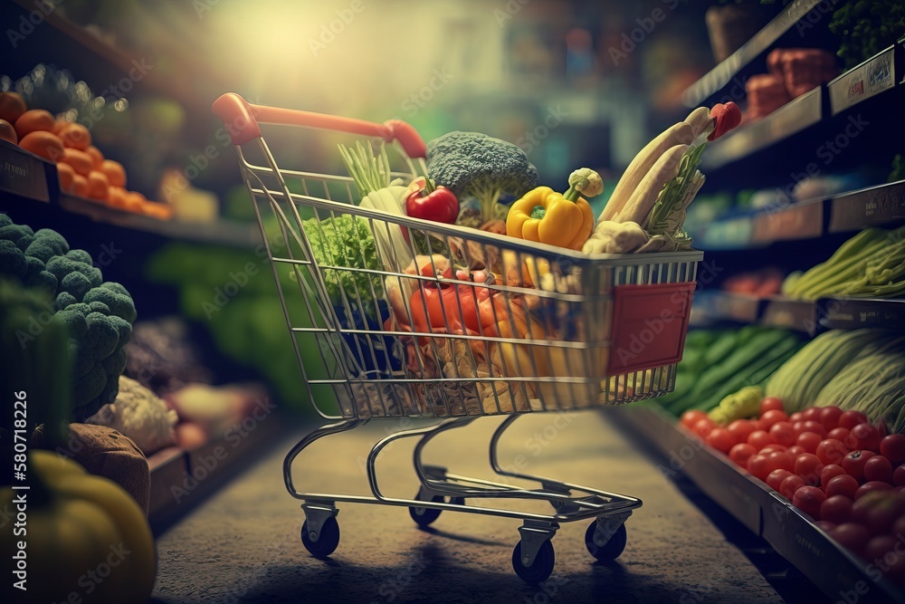 The shopping cart is full of vegetables in the supermarket.AI technology generated image