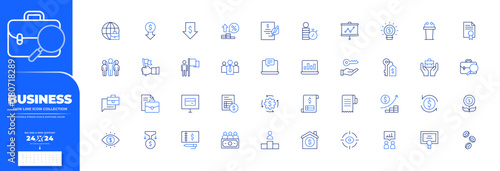 Business icon collection. UI icon. 24x24 pixel. Thin line icon. Editable stroke. Duotone color. low price, interest rate, loan, line graph, lightbulb, lectern, file, leadership, leader, laptop, key.