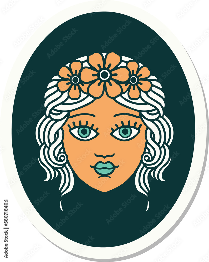 tattoo style sticker of a maiden with crown of flowers tattoo style sticker of a maiden with crown of flowers