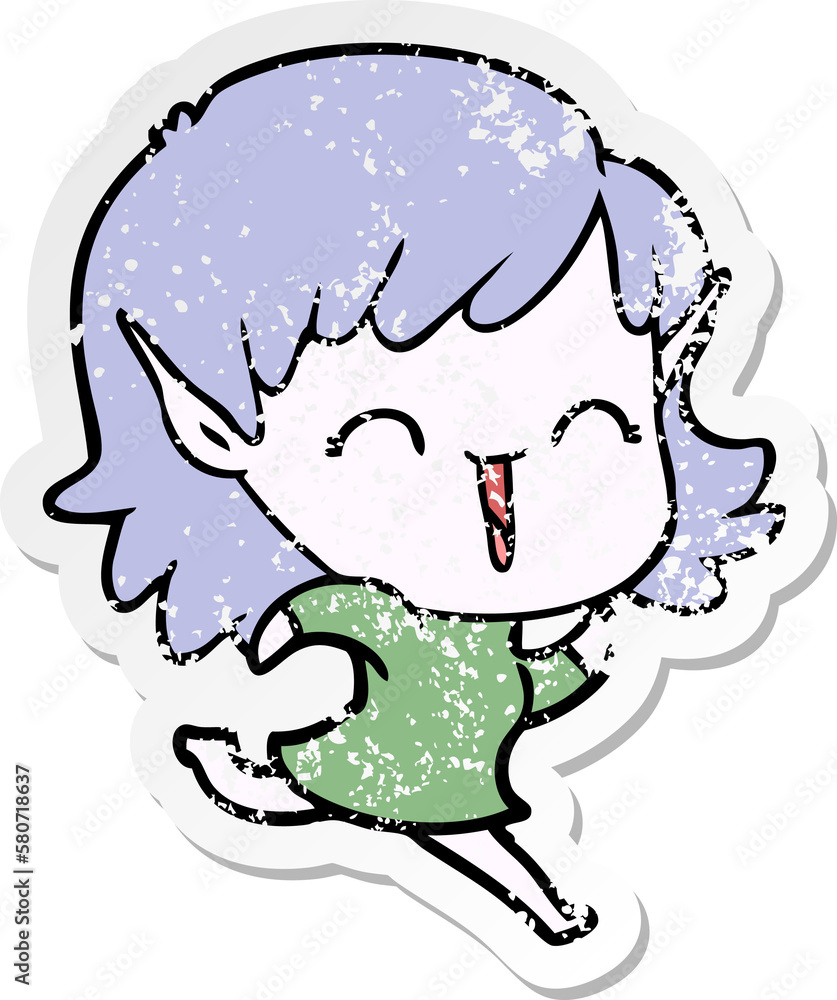 distressed sticker of a cartoon elf girl distressed sticker of a cartoon elf girl
