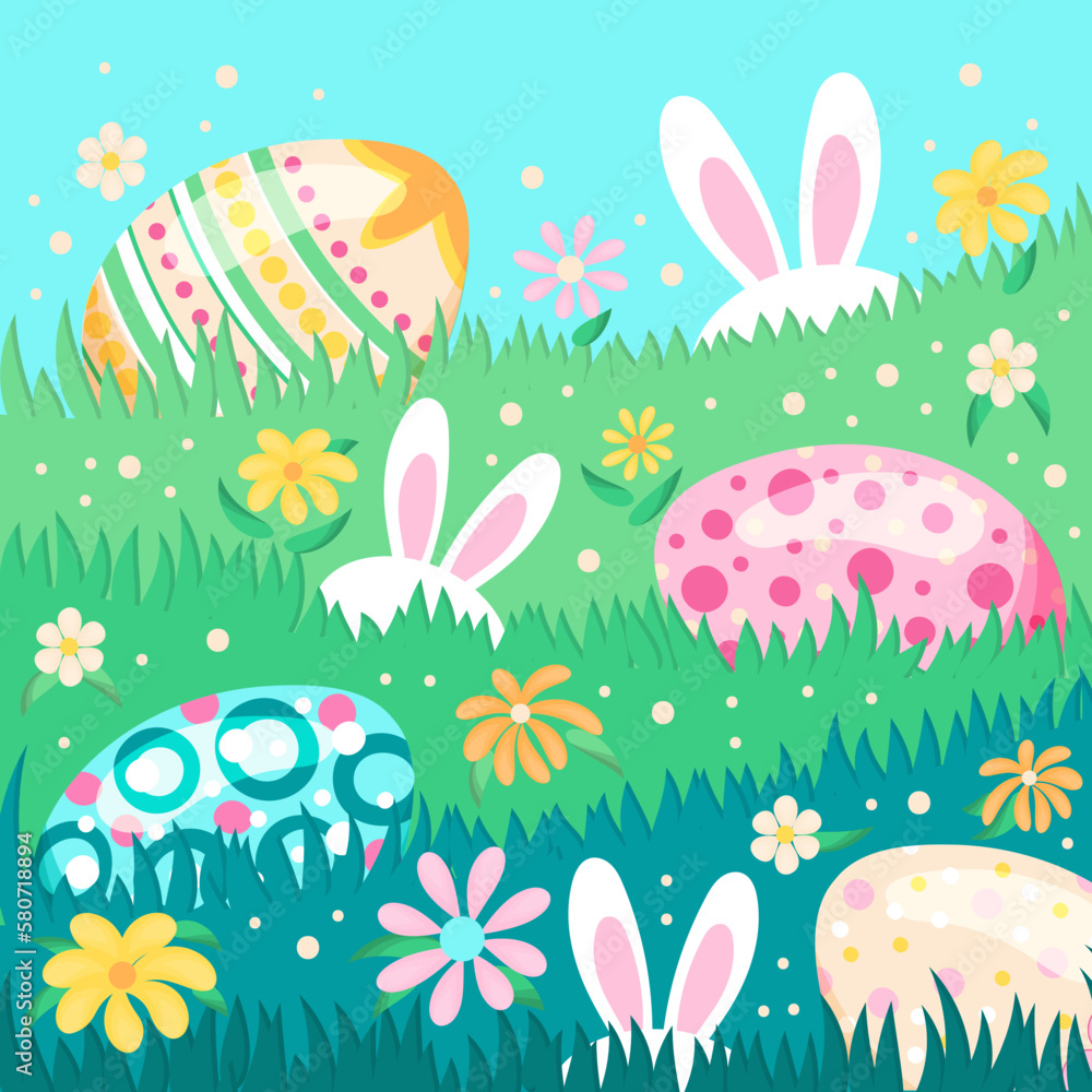 colorful greeting card template with Easter egg in field with flowers and rabbits on green background. Design greeting card, cover, post, flyer, print, wallpaper. Vector illustration. 