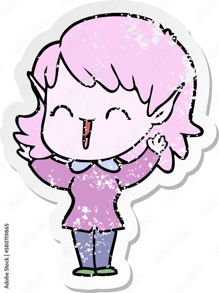 distressed sticker of a cartoon elf girl distressed sticker of a cartoon elf girl