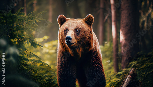 nice big female brown bear. canadian brown bear moving in the forest Generative Ai