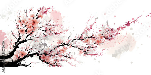 Branch of Japanese cherry blossoms with beautiful flowers. Sakura. Illustration. Design for prints, postcards or wallpaper.