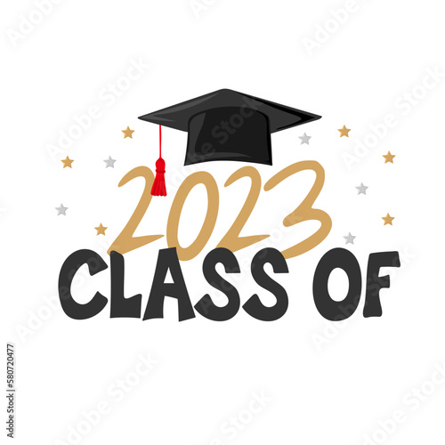 Class of 2023. Handwritten text with graduation cap. Template for design party high school or college, graduate invitations or banner. Vector illustration