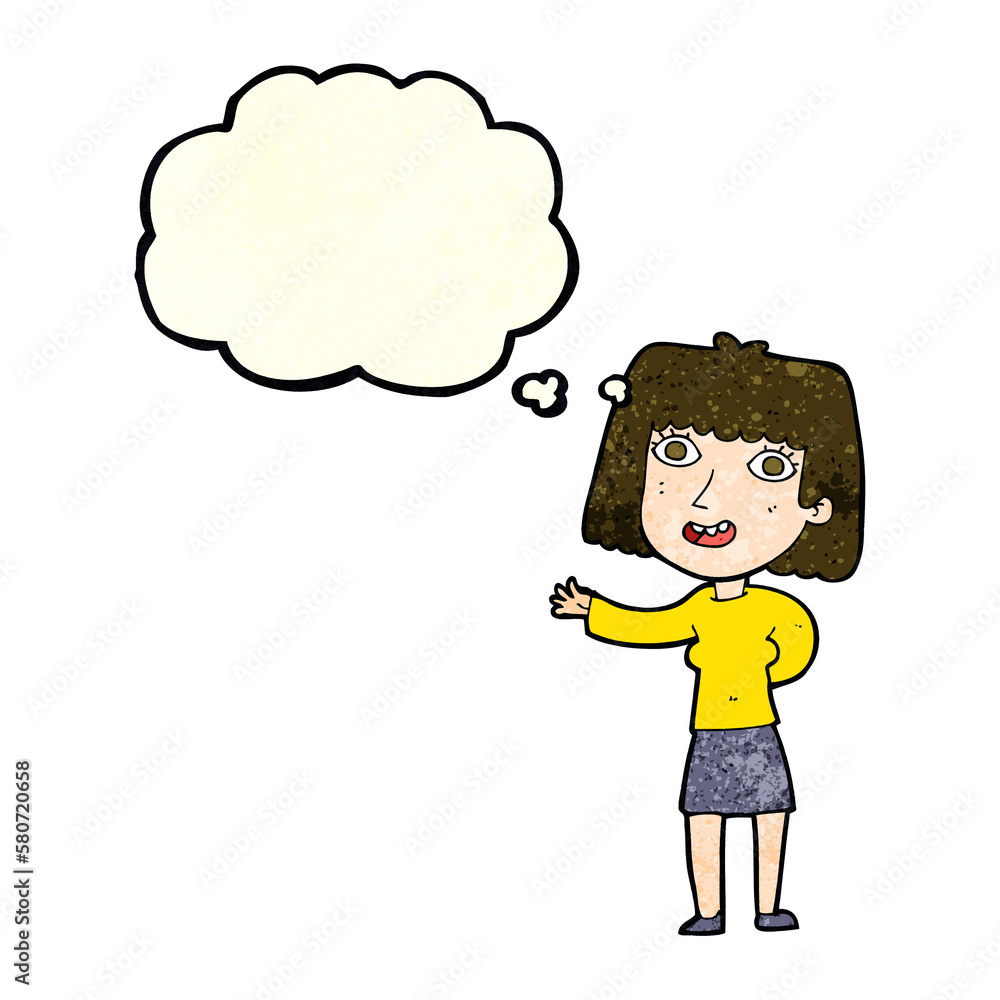 cartoon friendly woman waving with thought bubble cartoon friendly woman waving with thought bubble