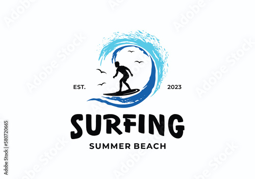 Fototapeta Naklejka Na Ścianę i Meble -  Surf people summer beach holiday vacation logo design
