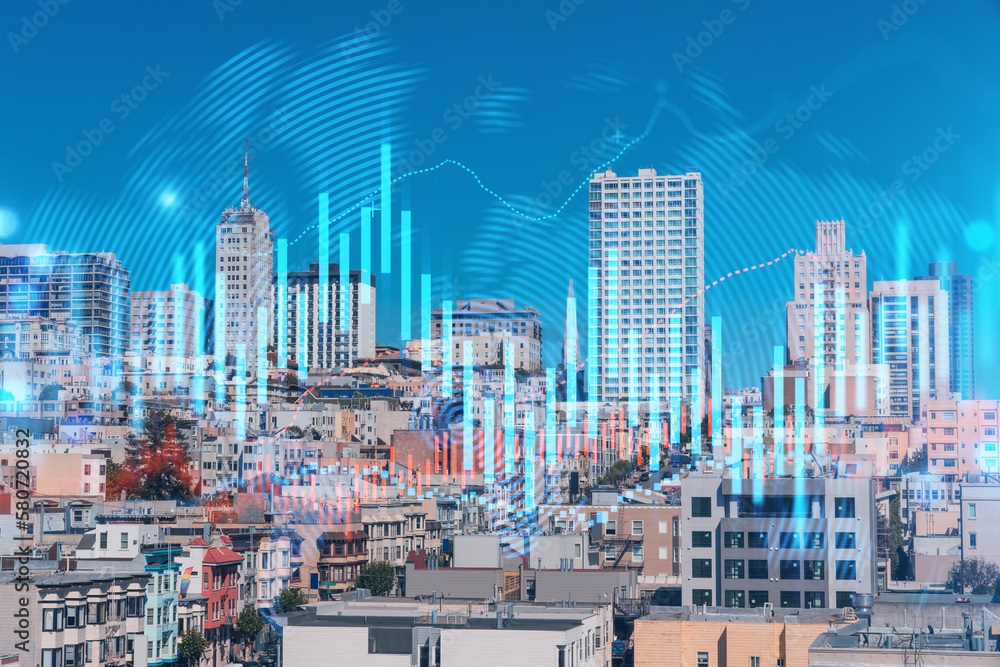 Fototapeta premium Skyscrapers Cityscape Downtown View, San Frencisco Skyline Buildings. Beautiful Real Estate. Day time. Forex Financial graph and chart hologram. Business education concept.