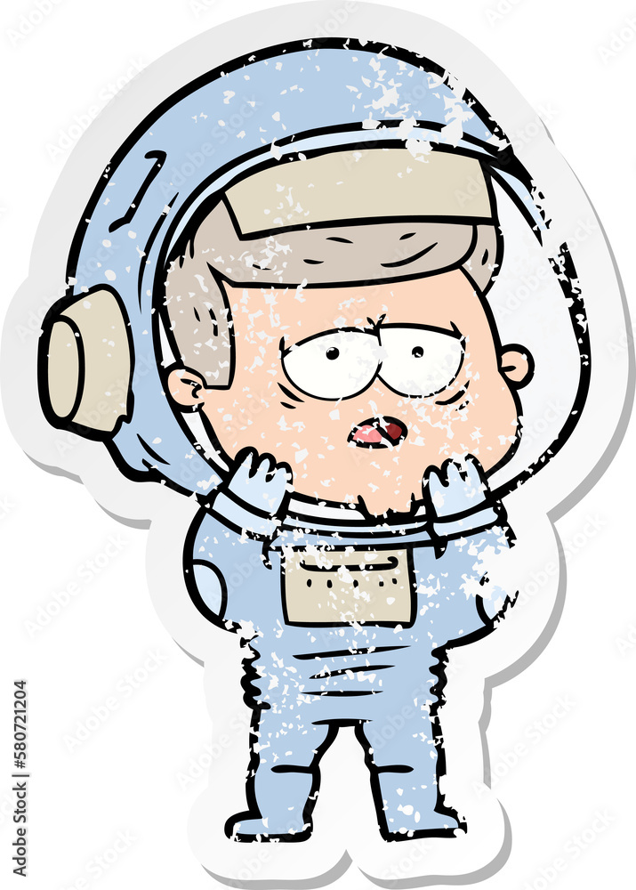 distressed sticker of a cartoon tired astronaut distressed sticker of a cartoon tired astronaut