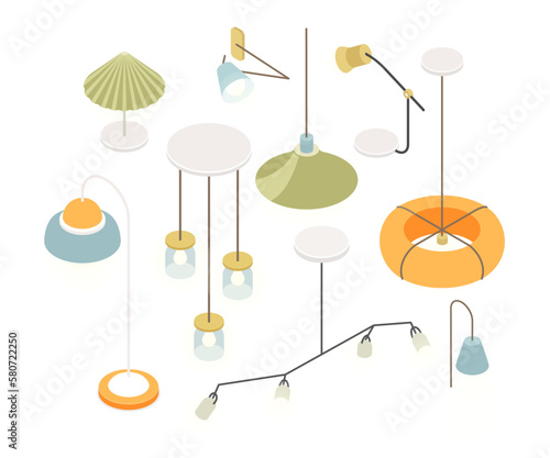 Designer lamps and fixtures - modern vector isometric colorful elements