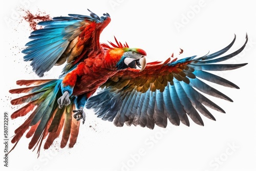 Bright red and blue south American parrot, Ara macao, Scarlet Macaw, flying with its wings spread out, isolated on a white background. Generative AI