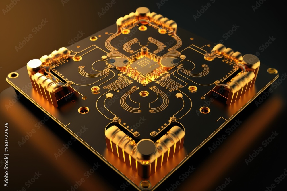The photonic circuit on a gold plate background. Generative AI. The photonic circuit on a gold plate background. Generative AI.