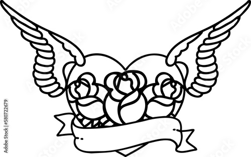 black line tattoo of a flying heart with flowers and banner