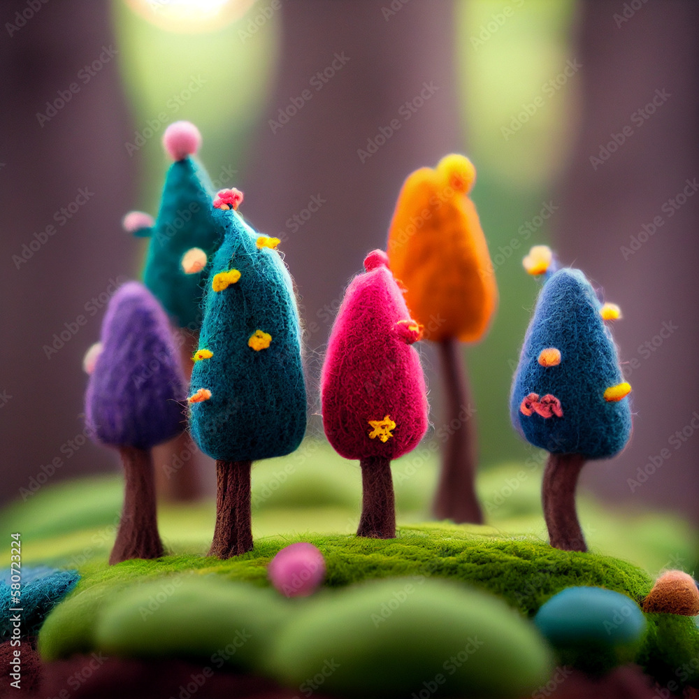 tiny cute forest, felt trees, vibrant colors, scene from stopmotion film, generative ai